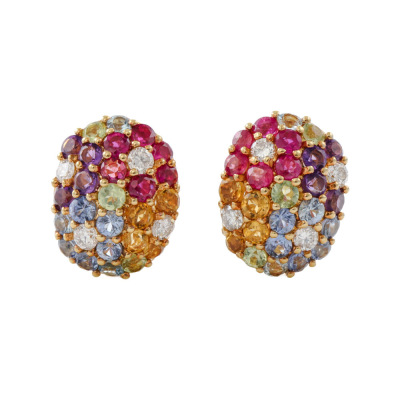 Multicolour Gemstone & Diamond Pendant & Earrings Set - 10