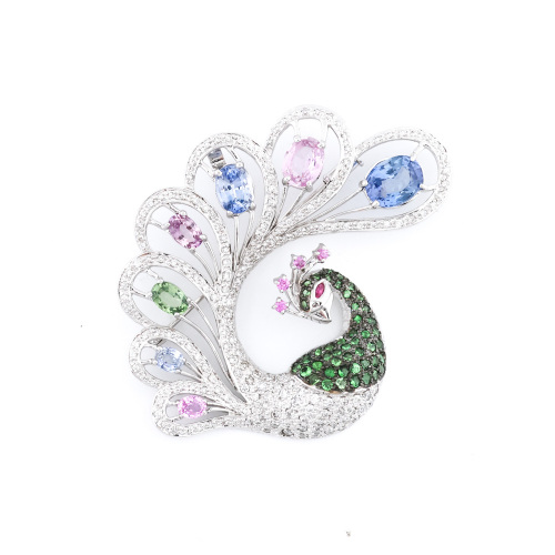 Sapphire, Garnet & Diamond Peacock Brooch