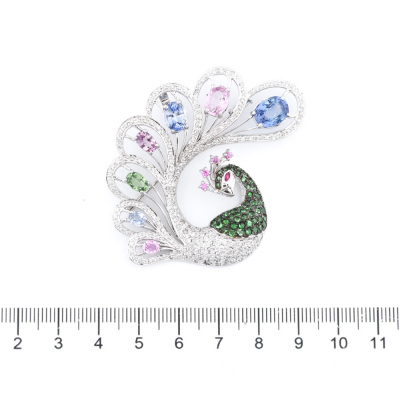 Sapphire, Garnet & Diamond Peacock Brooch - 2