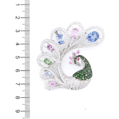 Sapphire, Garnet & Diamond Peacock Brooch - 3