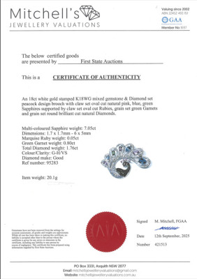 Sapphire, Garnet & Diamond Peacock Brooch - 4