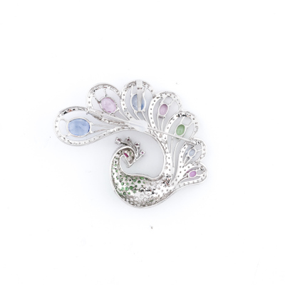 Sapphire, Garnet & Diamond Peacock Brooch - 5