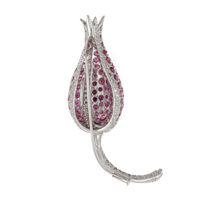 5.26ct Ruby & Diamond 1.62ct Flower Bud Brooch - 5