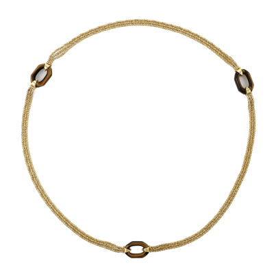 Tigers Eye & Triple strand Gold Necklace, 18ct 53.6g - 2