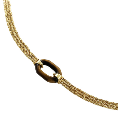 Tigers Eye & Triple strand Gold Necklace, 18ct 53.6g - 5