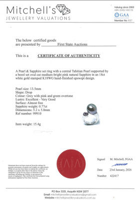 13.5mm Tahitian Pearl & Sapphire Ring, 18ct 15g - 4