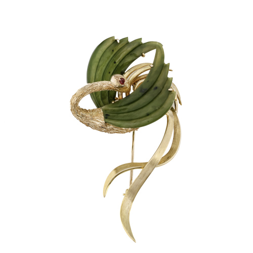 Nephrite Jade & Ruby Flamingo Brooch