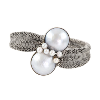 Mabe Pearl Mesh Gold Bracelet, 14ct 39.3g